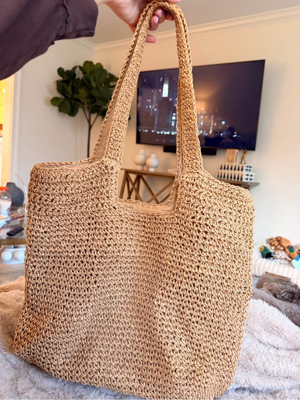 Tan Woven Straw Crochet Tote Bag Large Beach Summer Shoulder Bag